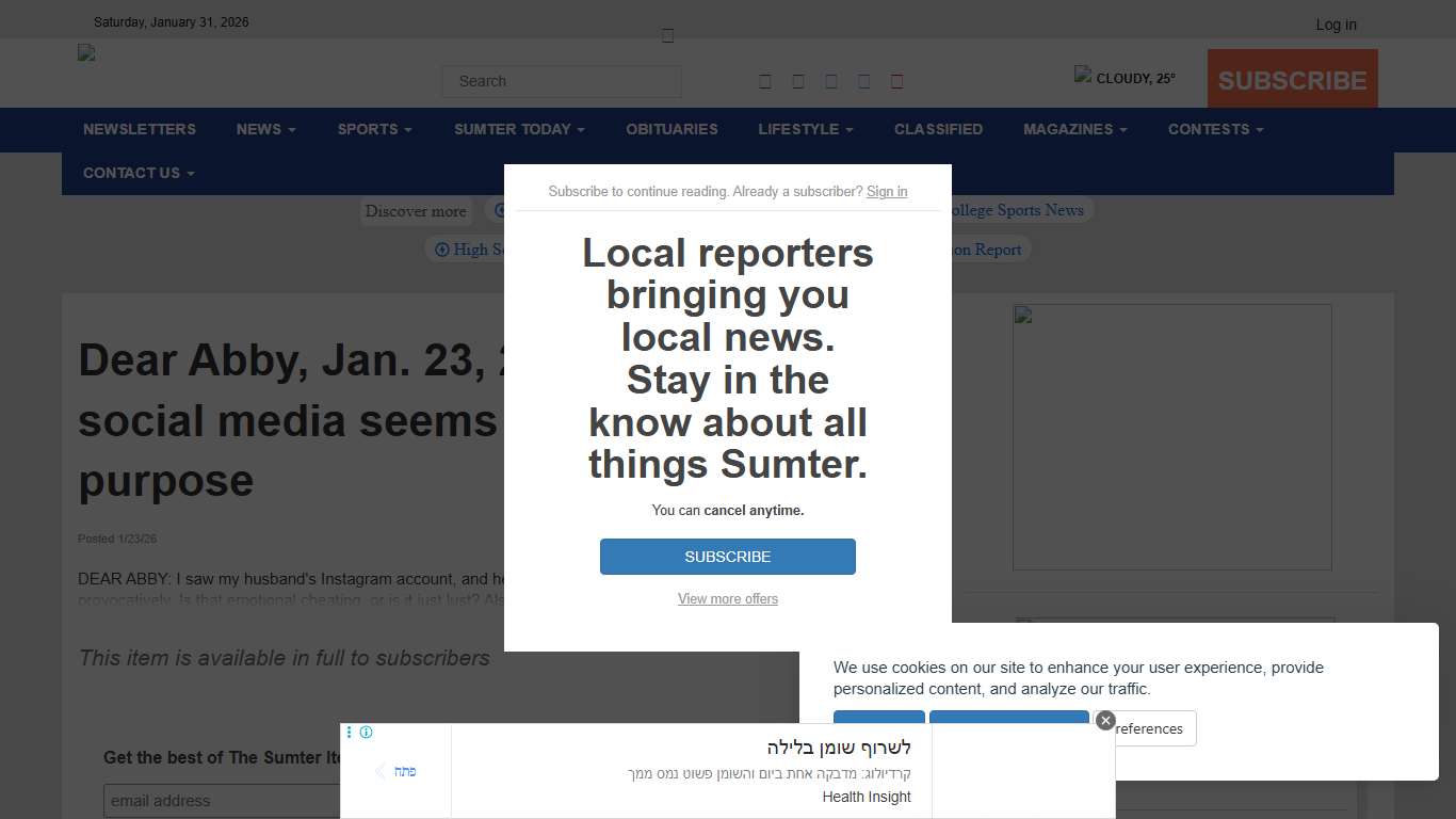 Dear Abby, Jan. 23, 2026: Husband's social media seems to serve one purpose - The Sumter Item